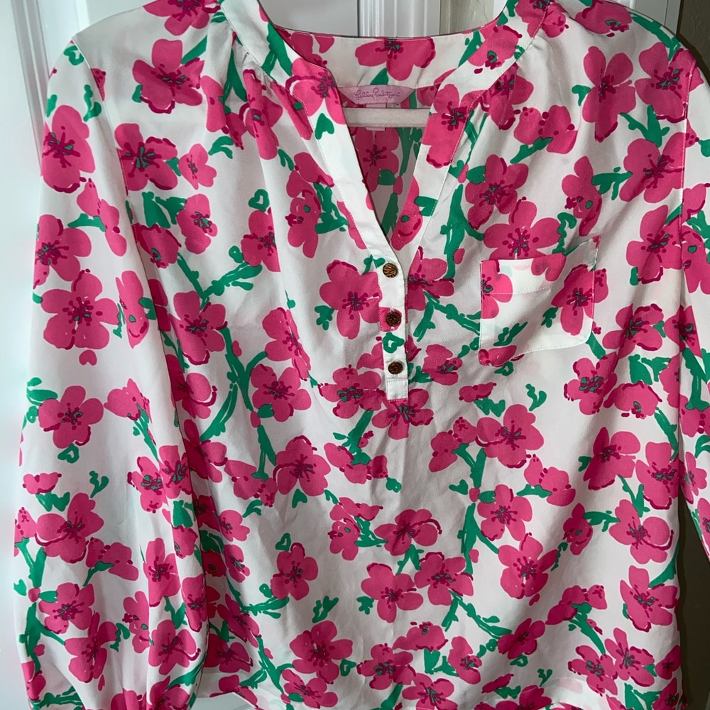 Vintage Lily Pulitzer Fuchsia Pink and Green 80s Floral Blouse